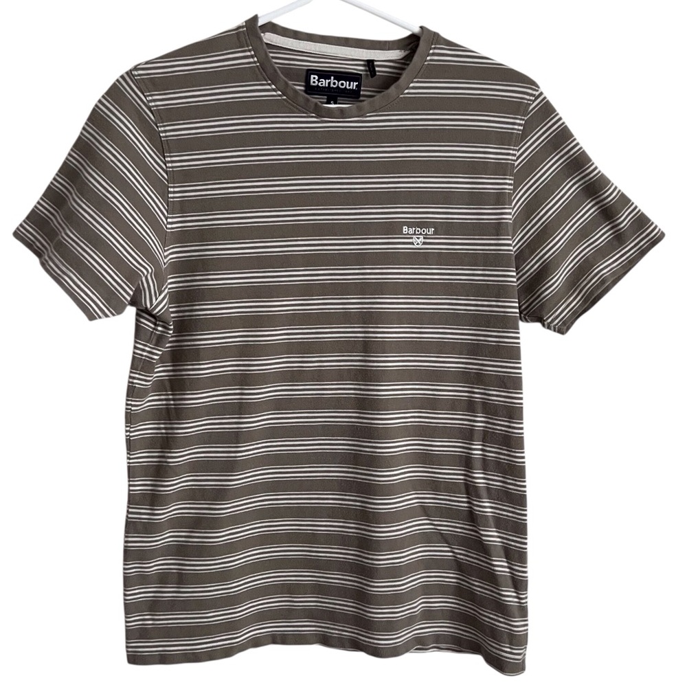 Barbour Men’s Tan White Stripe Tee T-shirt Short Sleeve Preppy Cotton Small